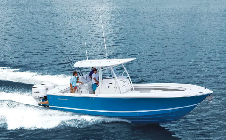 Westwind Waterman Century charter boat running offshore across open Gulf water with guests aboard